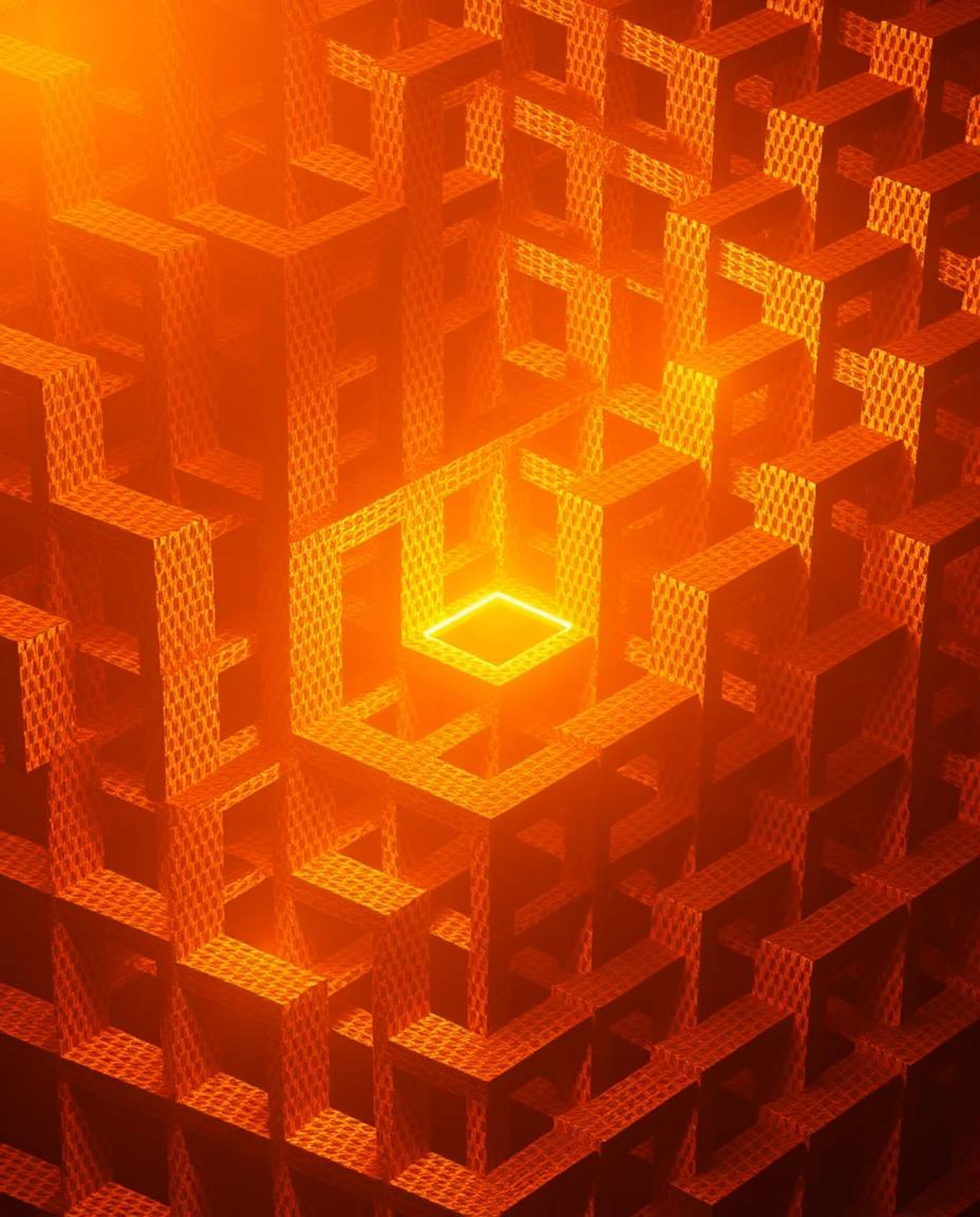 Experience the radiant luxury of an Escher-style impossible geometry artwork.  A warm golden glow illuminates a repetitive cu