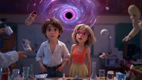 In a vibrant, cinematic photograph rendered in a hyper-realistic, Pixar-inspired style, a dynamic science fair duo unwittingl