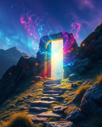 An ancient doorway, glowing with runes and nestled in a mountainside, bursts with bright, vibrant colors. The scene evokes et