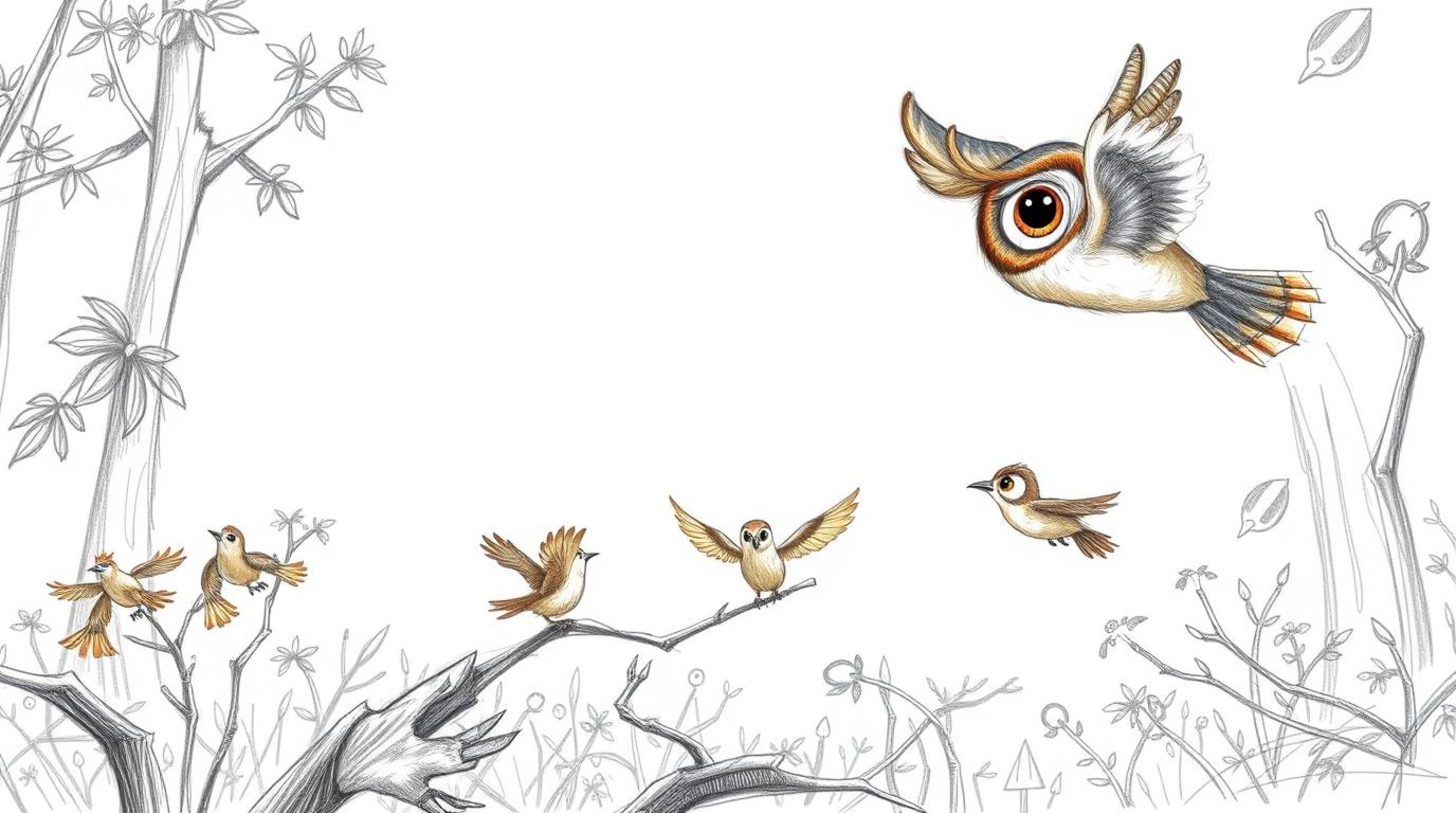 A charming hand-drawn sketch, in the style of Pixar, depicts a blind owl with expressive eyes and soft brown feathers.  This 