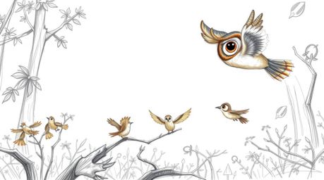 A charming hand-drawn sketch, in the style of Pixar, depicts a blind owl with expressive eyes and soft brown feathers.  This 