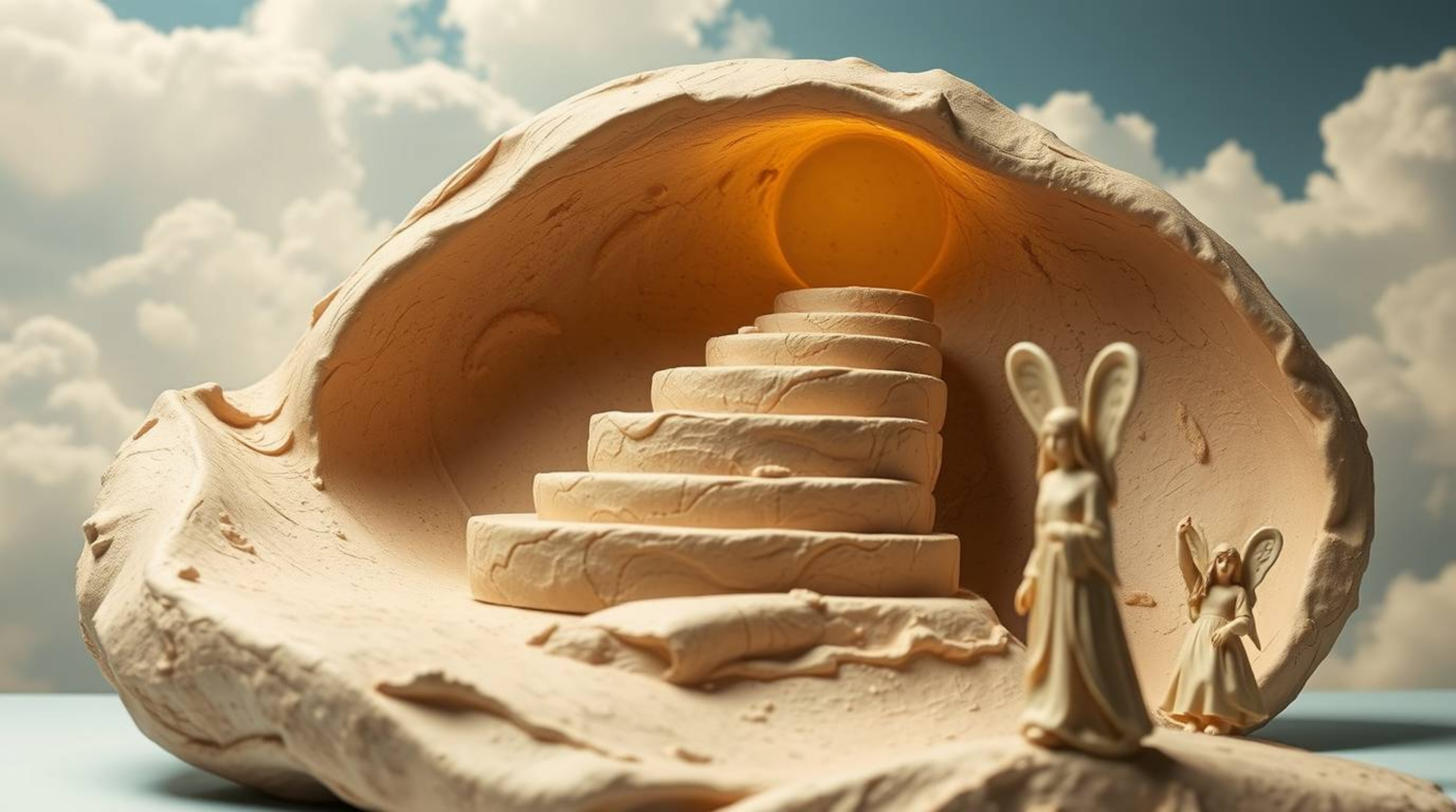 Immerse yourself in a dreamlike world with this sculptural clay art piece.  Depicting steps of light ascending into a cloudy 