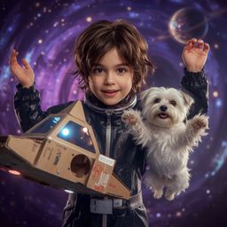 Exquisite high fashion photography captures a boy with bright, curious eyes and a gentle smile, building a cardboard spaceshi