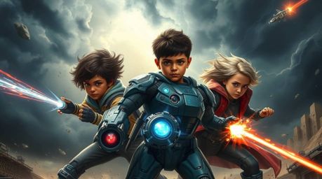 Witness an epic showdown under a stormy sky! Three superpowered children with diverse skin tones battle a technologically adv
