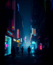 A captivating pixelated glitch art image depicting a cyberpunk street scene.  Featuring high-contrast, low-key lighting, vibr
