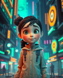 Discover a captivating image of a young, bright-eyed inventor girl in a vibrant teal futuristic city, reminiscent of Pixar an