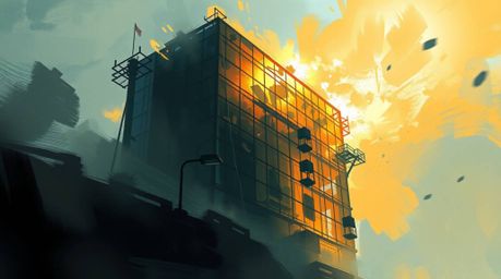 A dynamic digital sketch depicting a modern glass building seamlessly dissolving into the sky, rendered with dramatic chiaros
