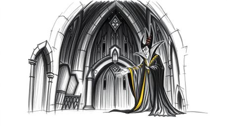 A classic Disney villain is depicted casting a spell within the confines of an old, gothic castle. The image features a hand