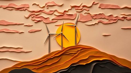 A captivating dynamic layered papier-mâché sculpture showcases a vibrant sunset scene behind a row of wind turbines perched a