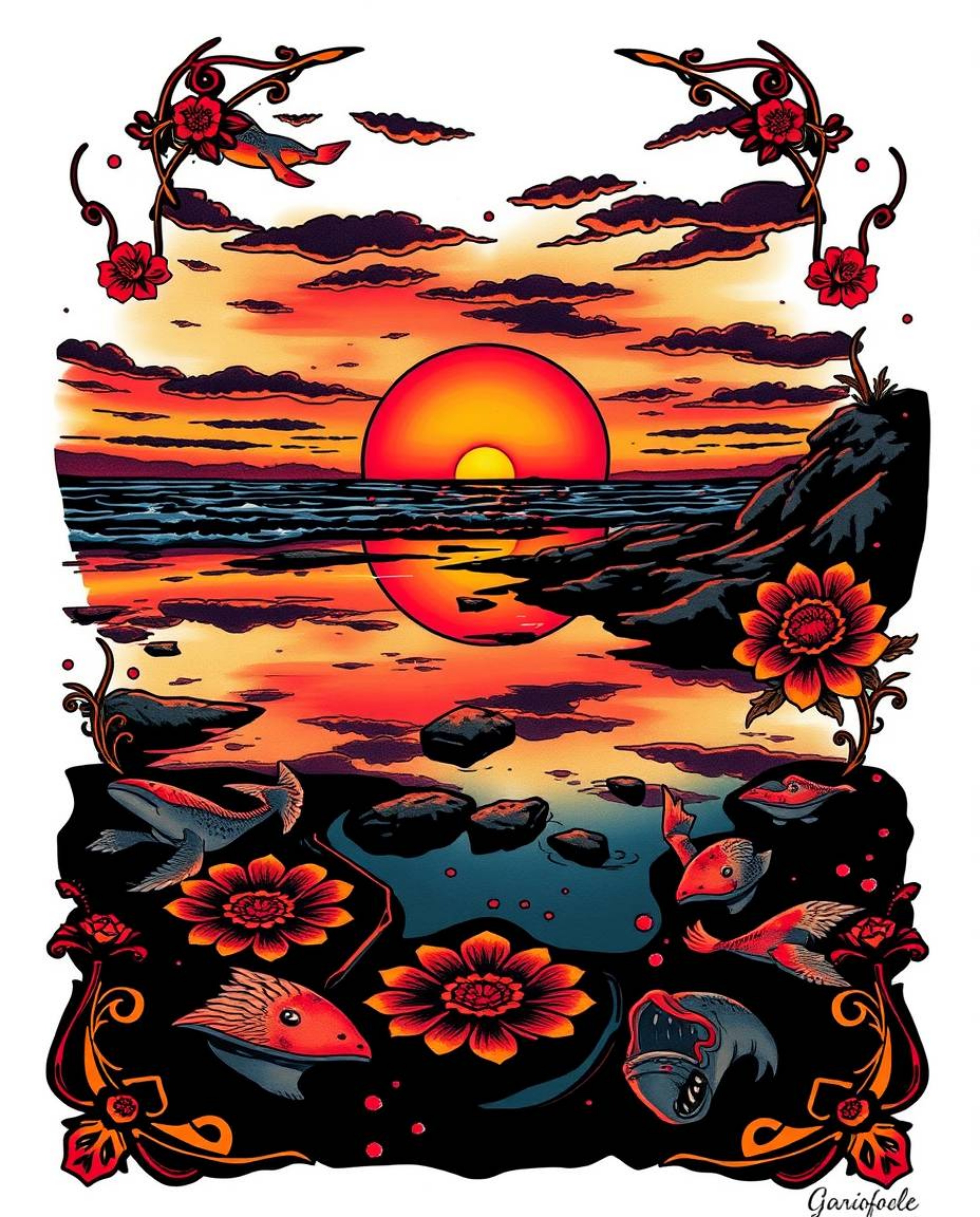 A traditional tattoo art print captures a sunset sky mirrored in tidal pools, designed with a retro flair. This piece feature