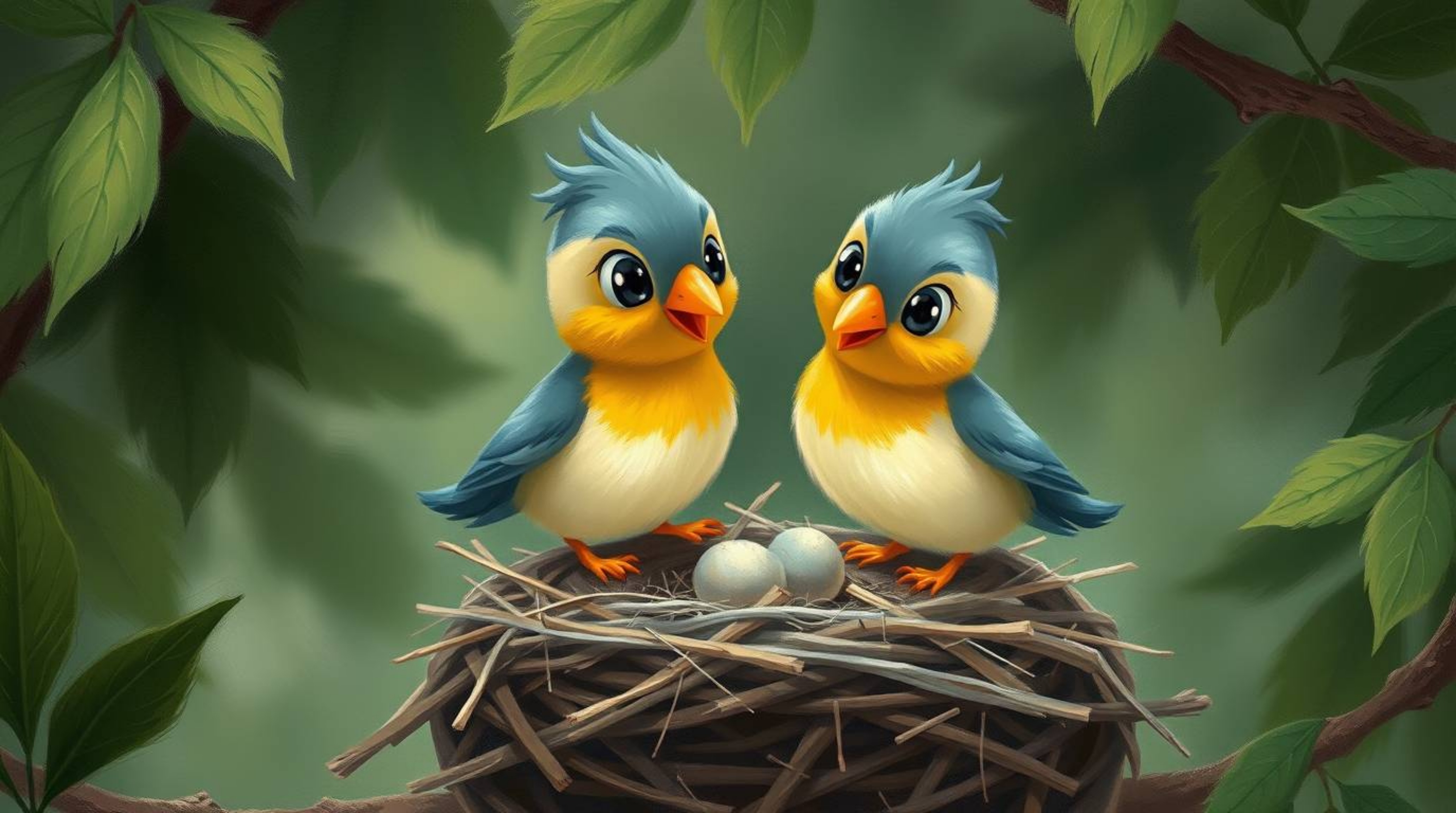 A charming illustration depicts two cartoon birds meticulously constructing a nest, rendered in a classic oil painting style.