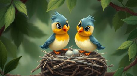 A charming illustration depicts two cartoon birds meticulously constructing a nest, rendered in a classic oil painting style.