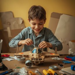 Exquisite high-fashion photography captures a young boy's joy as he builds a detailed, functional cardboard spaceship.  The P