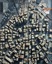 Discover a stunning abstract city map, rendered in the style of a classic oil painting.  This unique artwork features a top-d