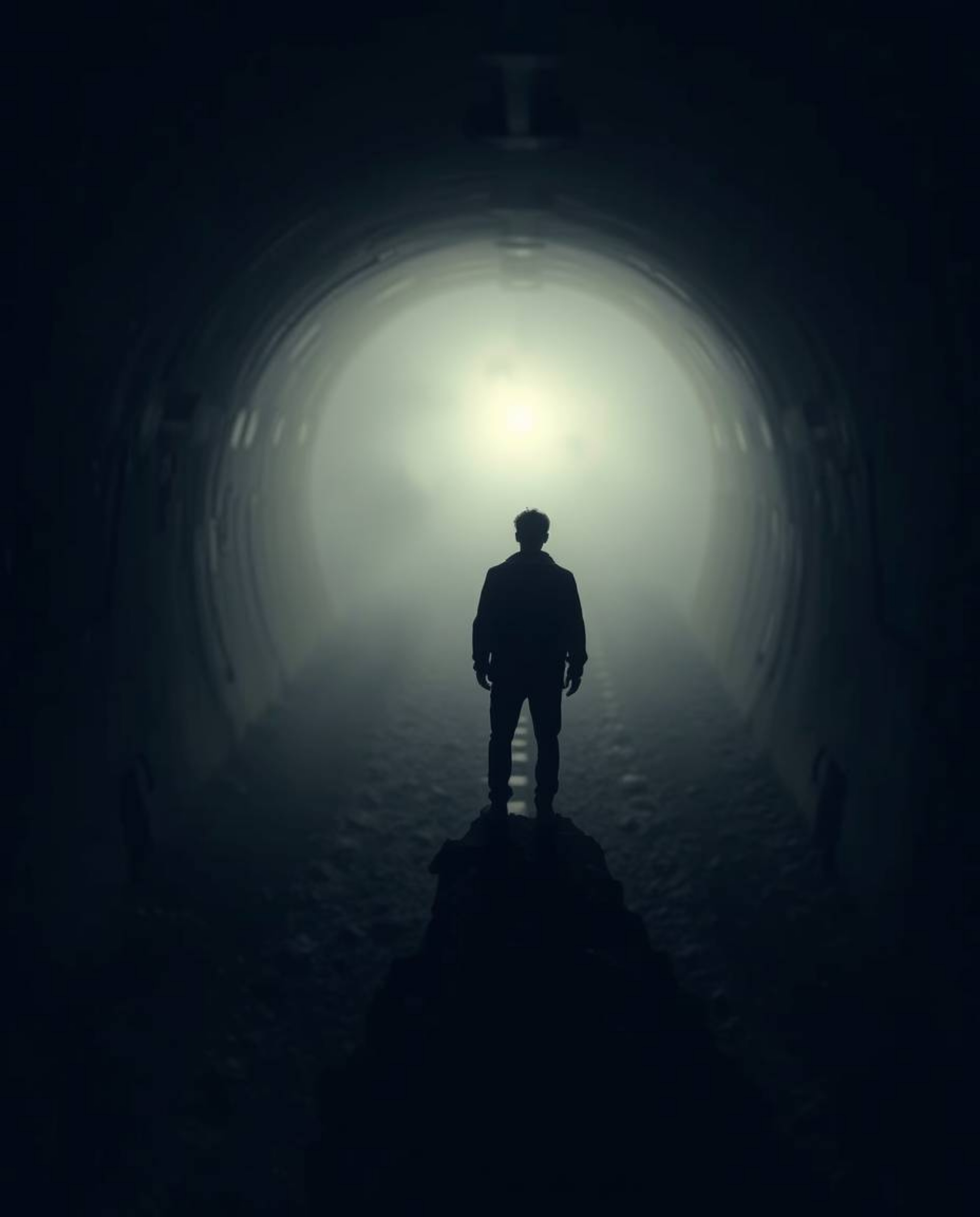 A cinematic photograph captures a solitary figure standing at the tunnel's edge, their gaze fixed on a distant light, creatin