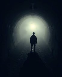 A cinematic photograph captures a solitary figure standing at the tunnel's edge, their gaze fixed on a distant light, creatin