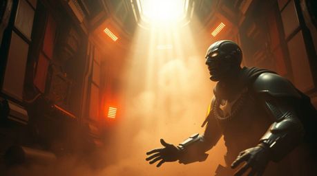 Witness a hilarious villain's mental breakdown within a stunning high-tech lair.  Bathed in warm autumnal colors and volumetr