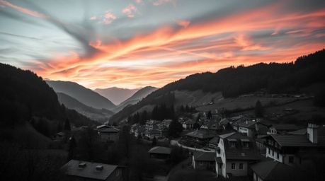 A captivating extreme close-up black and white macro photograph showcases a cozy village nestled in a valley beneath a vibran