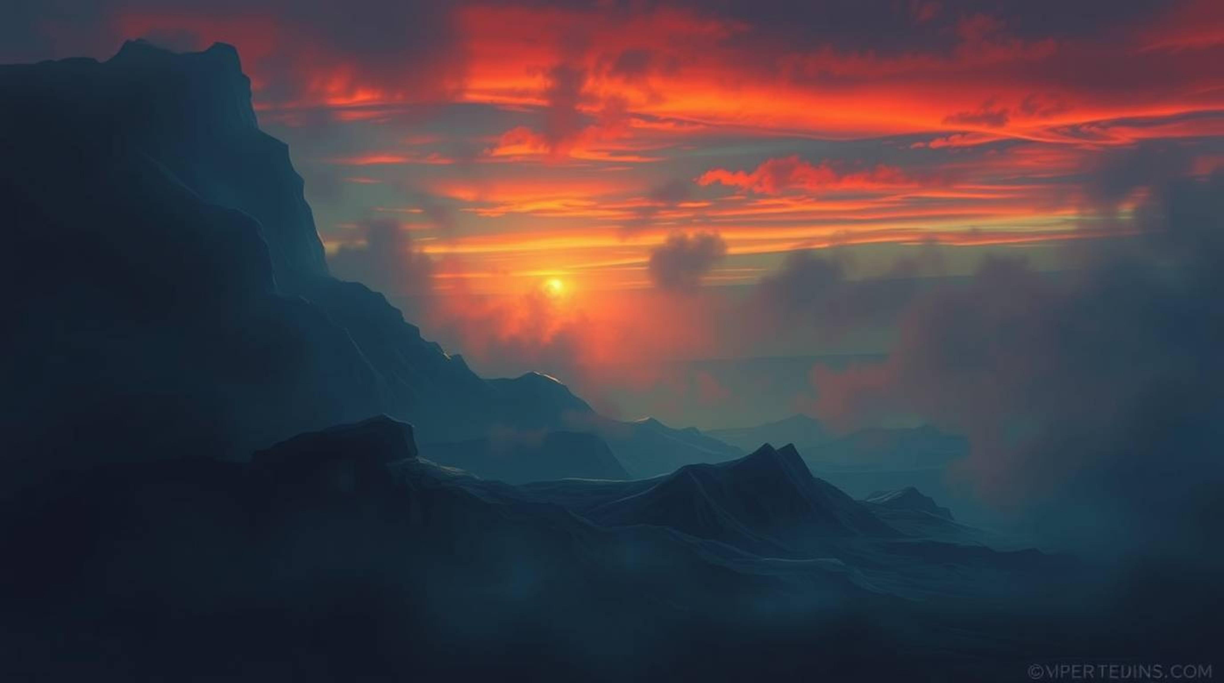 This digital painting captures an eerie sunset over icy glaciers in the polar region. The scene is filled with electric vivid