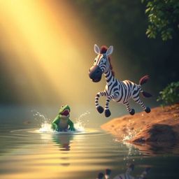 A 3D cartoon zebra, imbued with an ethereal and spiritual vibe, leaps from the riverbank in fear as a crocodile splashes behi