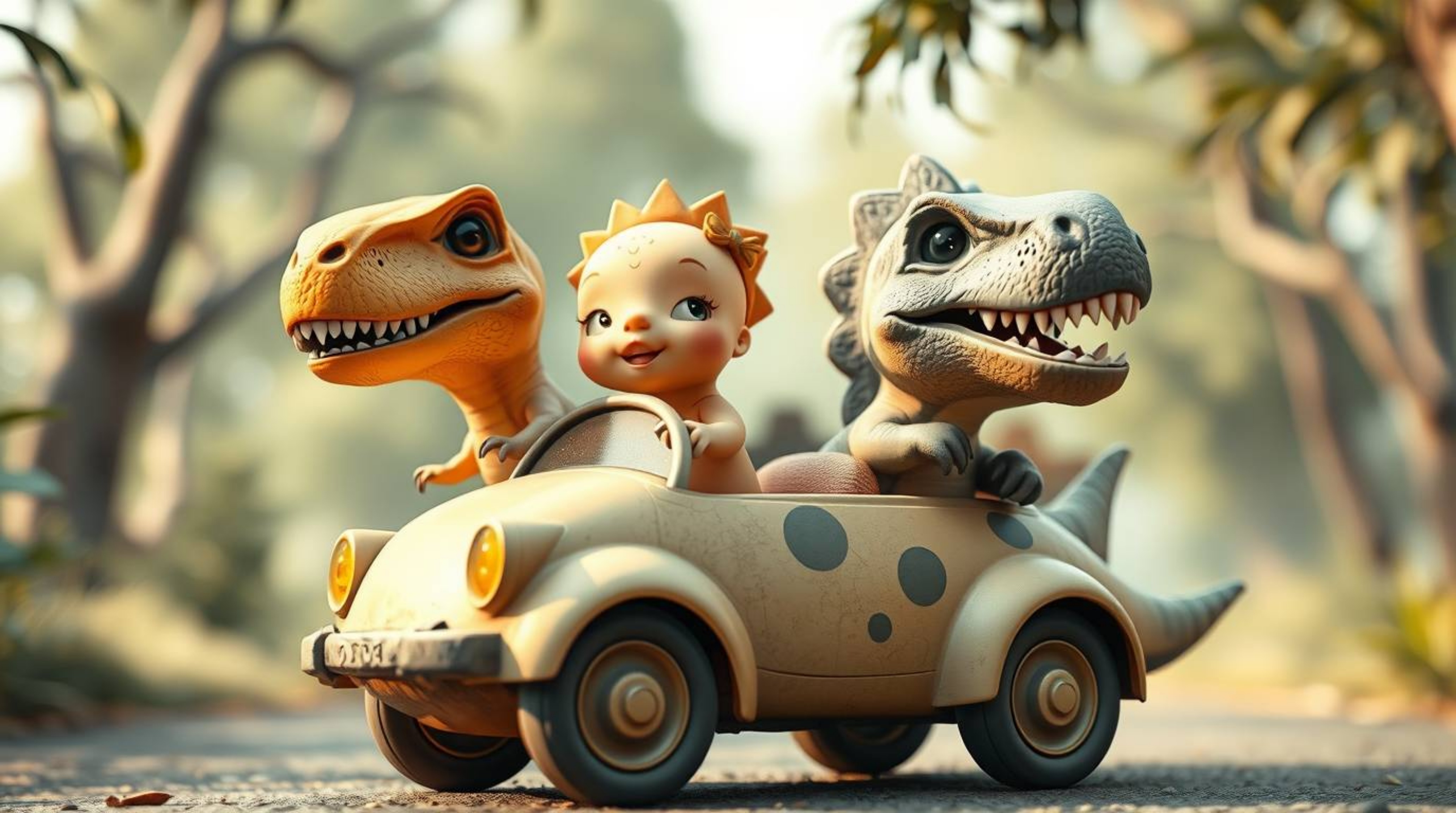Experience the charm of a prehistoric family on a delightful adventure in their dinosaur car. Rendered in soft pastel colors 
