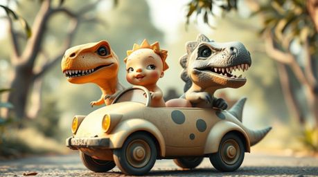 Experience the charm of a prehistoric family on a delightful adventure in their dinosaur car. Rendered in soft pastel colors 