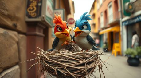 Capture the spontaneous moment of two cartoon birds meticulously constructing their nest in a vibrant urban scene. This candi