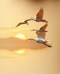 An intricate origami-style image of a Golden hour wetland, featuring herons in flight. This unique piece of art is characteri