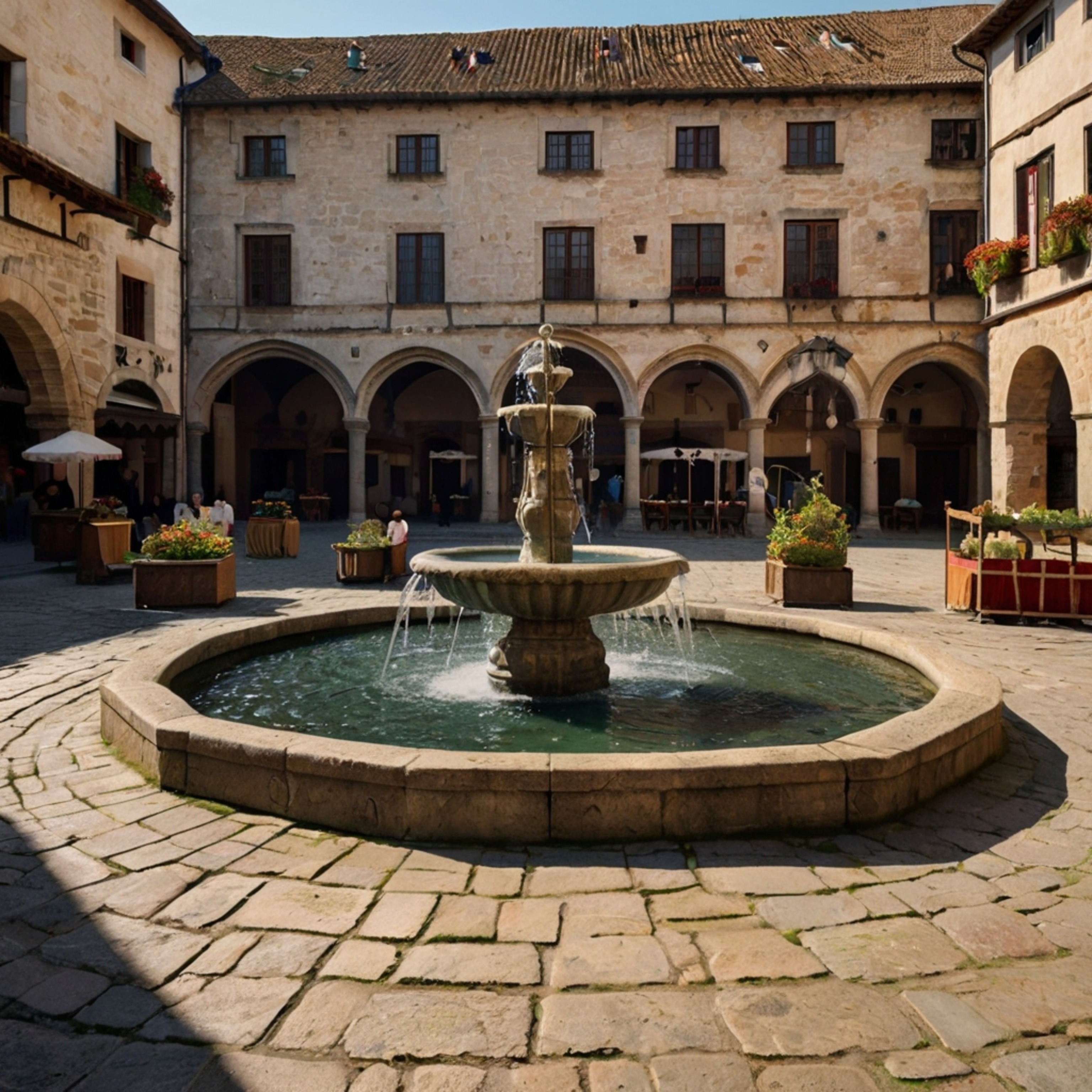 Immerse yourself in the charm of a medieval town square, featuring a grand fountain as its centerpiece.  Picturesque stone bu