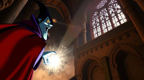 A captivating high-angle shot depicts a classic Disney villain casting a spell within an ancient castle.  Volumetric lighting
