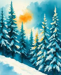 A rich, deep teal delicate watercolor painting captures the enchanting scene of sunset light sparkling on snowy pine trees. U