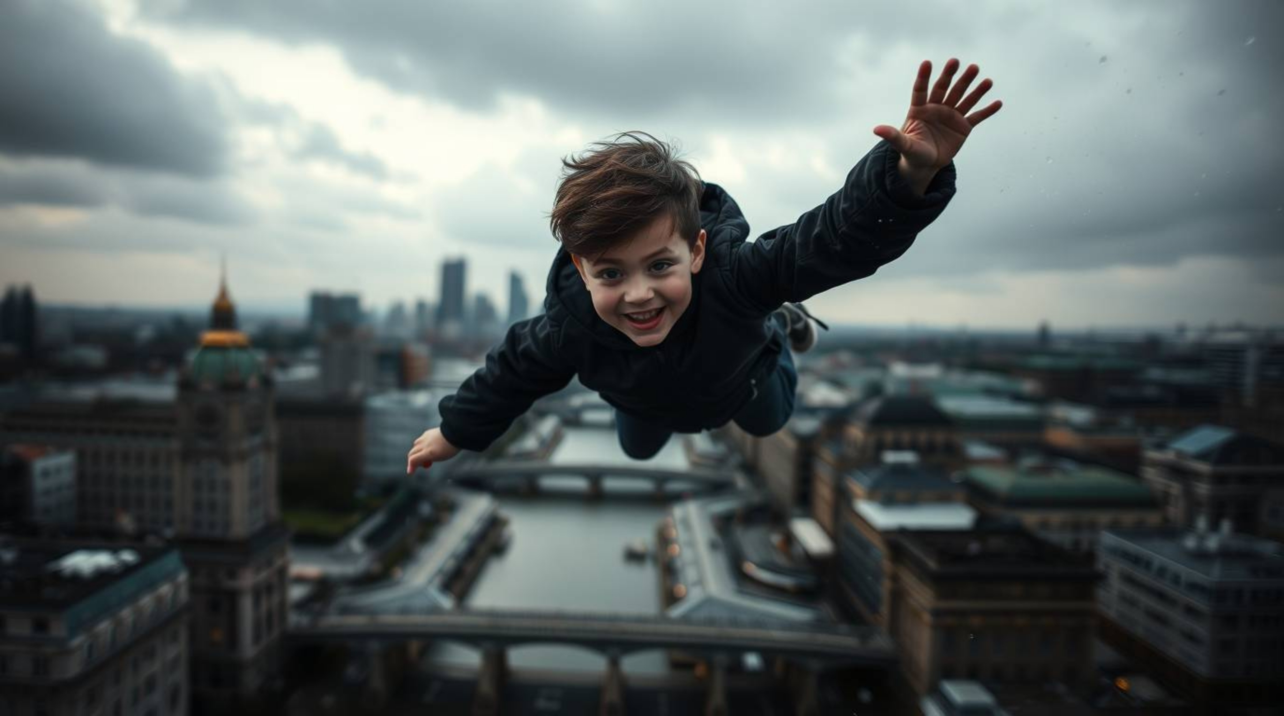 A young boy soars above the London skyline, propelled by magical pixie dust.  This dynamic image showcases intense jet black 