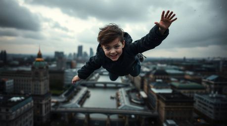 A young boy soars above the London skyline, propelled by magical pixie dust.  This dynamic image showcases intense jet black 