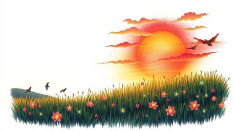 This ethereal tattoo art print depicts a vibrant sunset over a tranquil meadow, where fireflies begin to appear.  The design 
