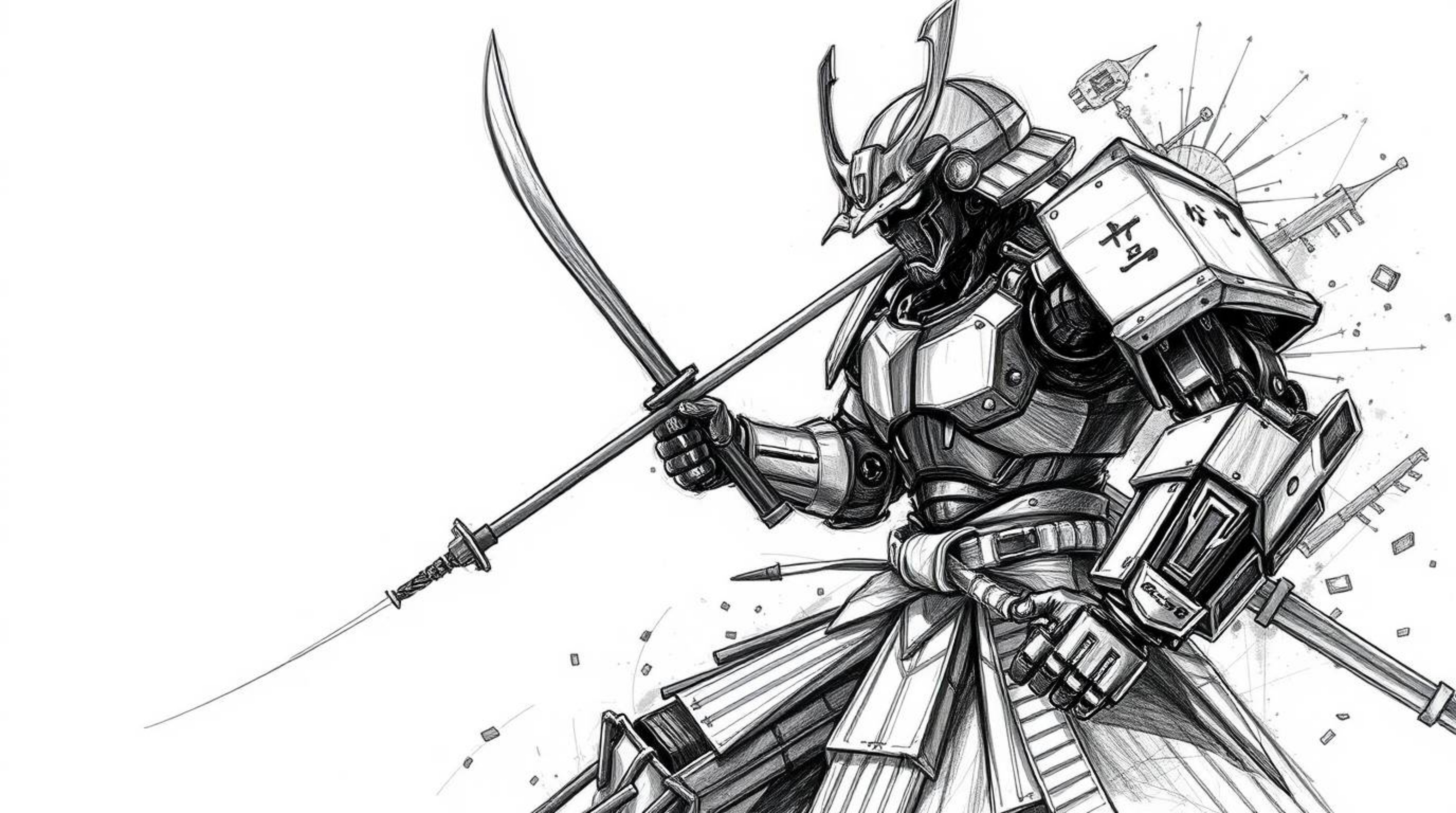 Explore a high-contrast, low-key lighting, hand-drawn sketch depicting a fierce battle between a samurai and a robot in a dys