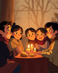 Experience a heartwarming family reunion depicted in a charming Pixar-style illustration. Warm candlelight and earthy autumn 