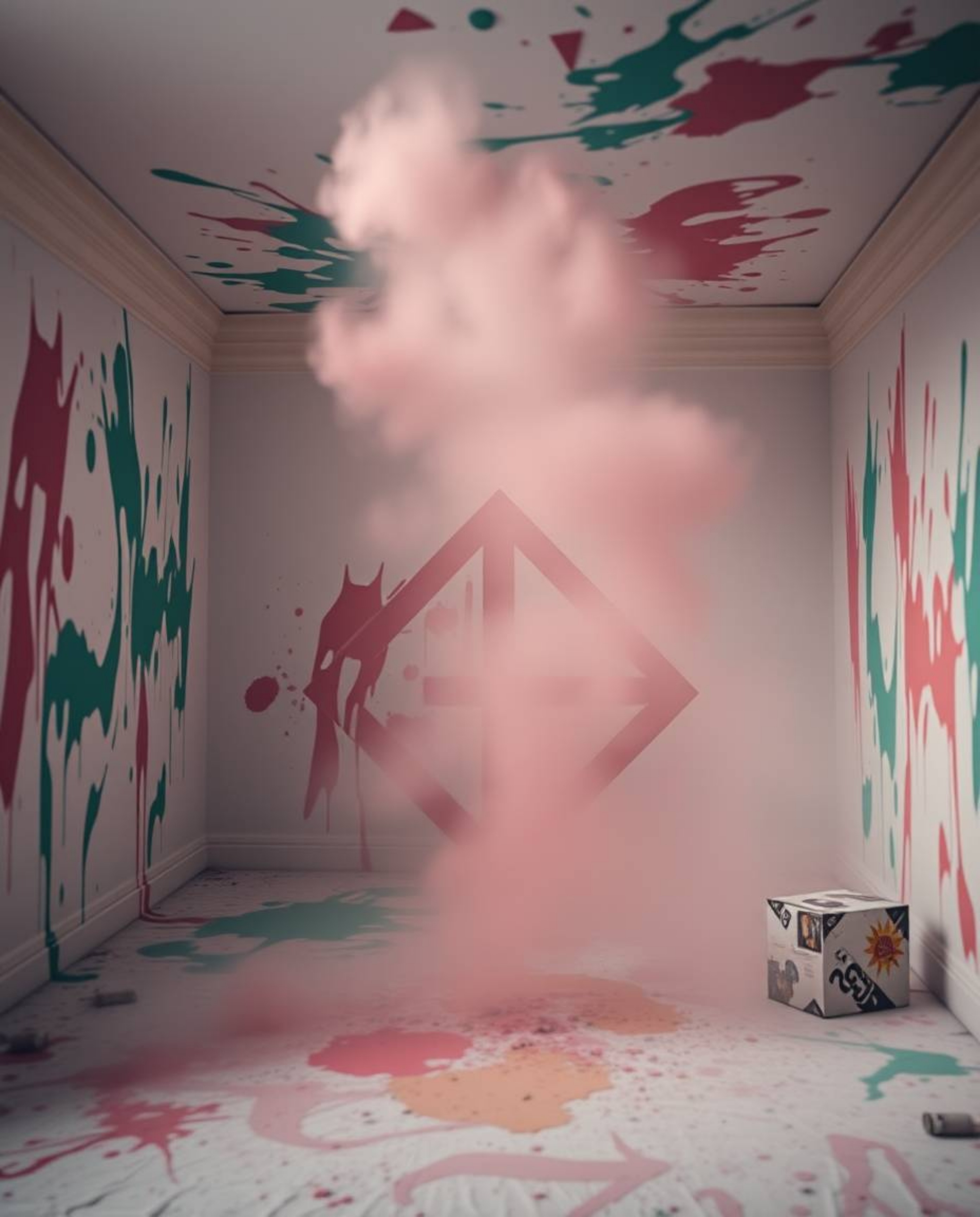 A room exploding with paint, depicted in a soft cinematic haze, becomes the canvas for geometric shapes and clean lines. This