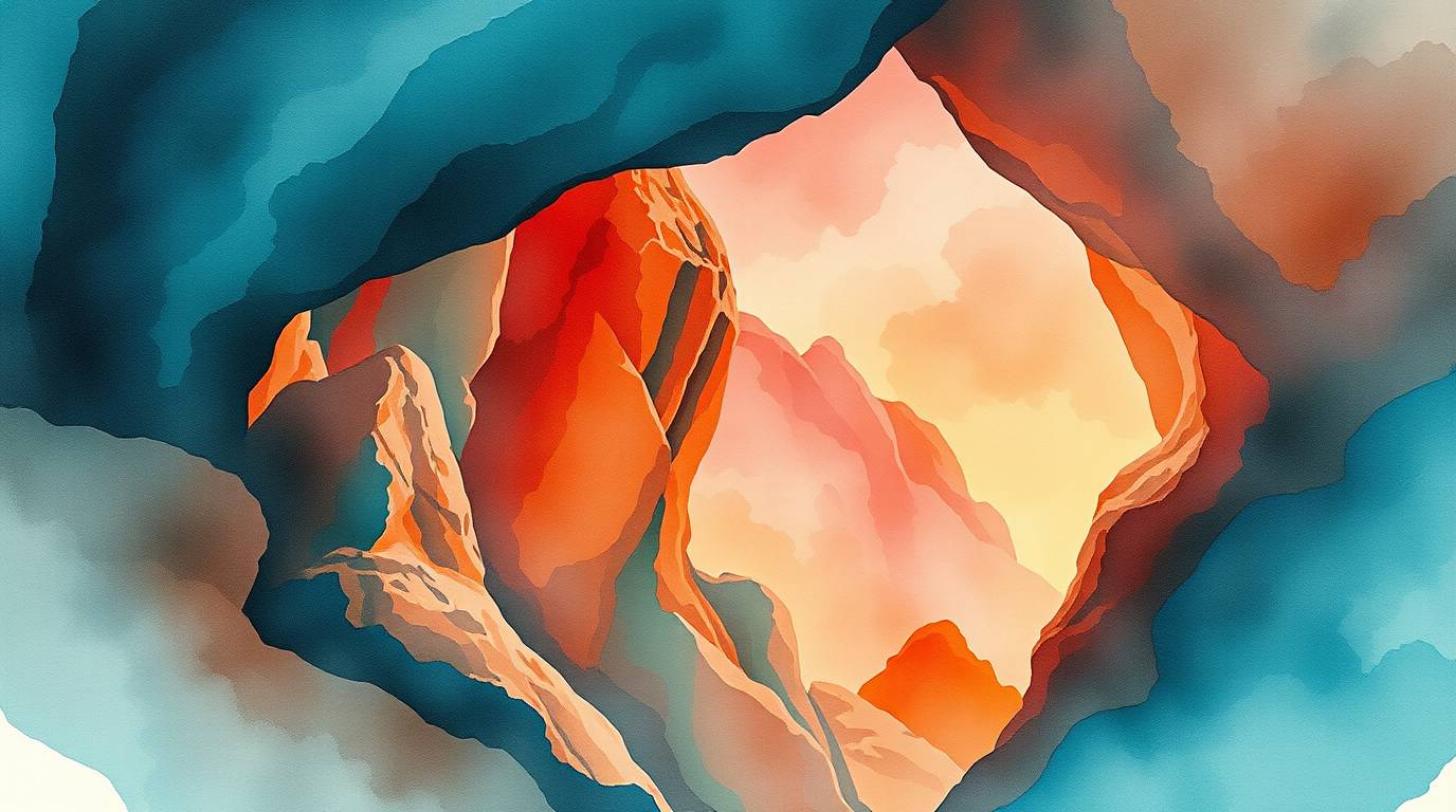 A stunning watercolor painting depicting a rocky canyon bathed in warm sunset hues.  The artwork features rich, deep teal acc