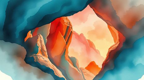 A stunning watercolor painting depicting a rocky canyon bathed in warm sunset hues.  The artwork features rich, deep teal acc