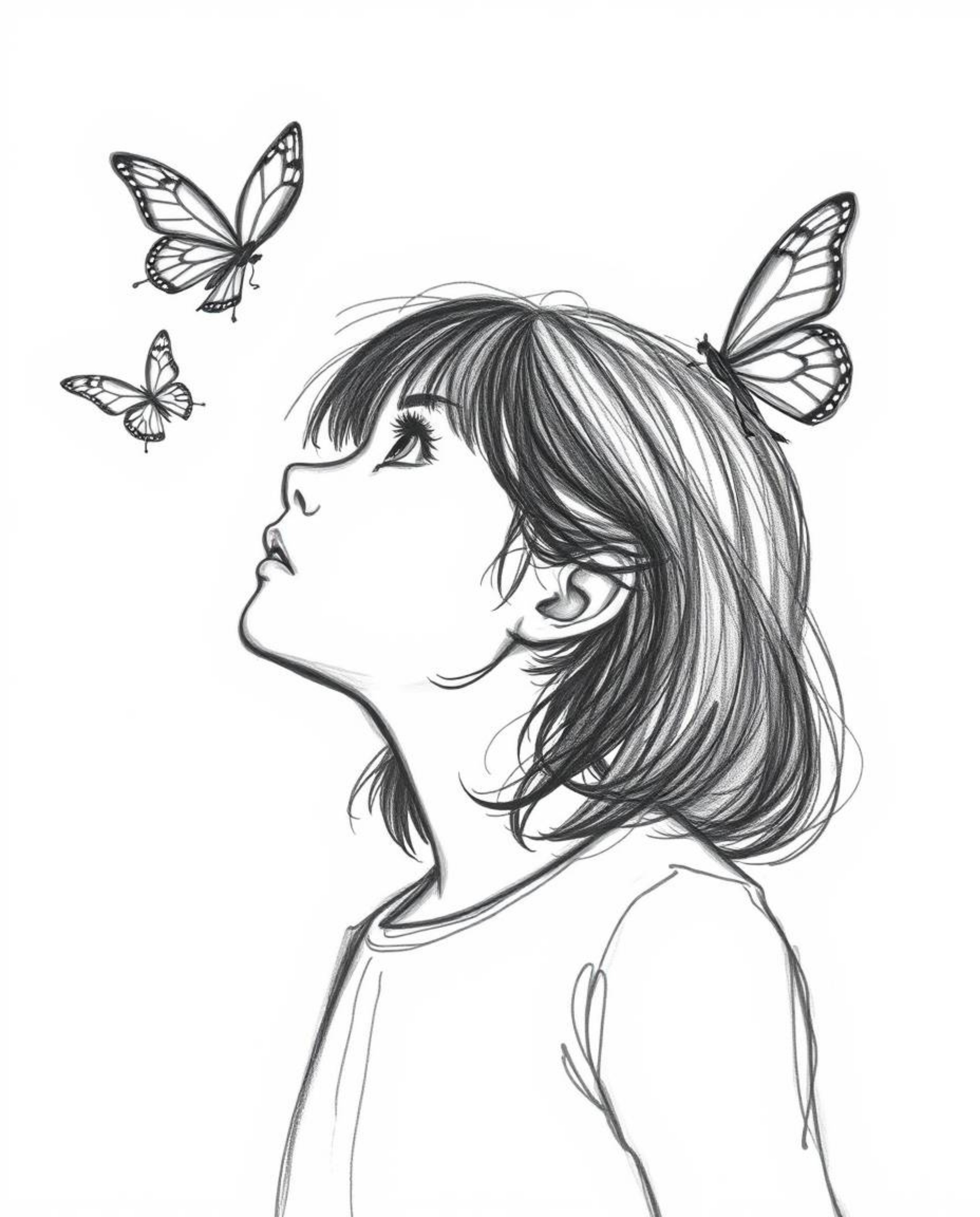 This charcoal pencil sketch depicts a girl in a flow state, gazing upward as she releases butterflies into the air against a 
