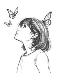 This charcoal pencil sketch depicts a girl in a flow state, gazing upward as she releases butterflies into the air against a 