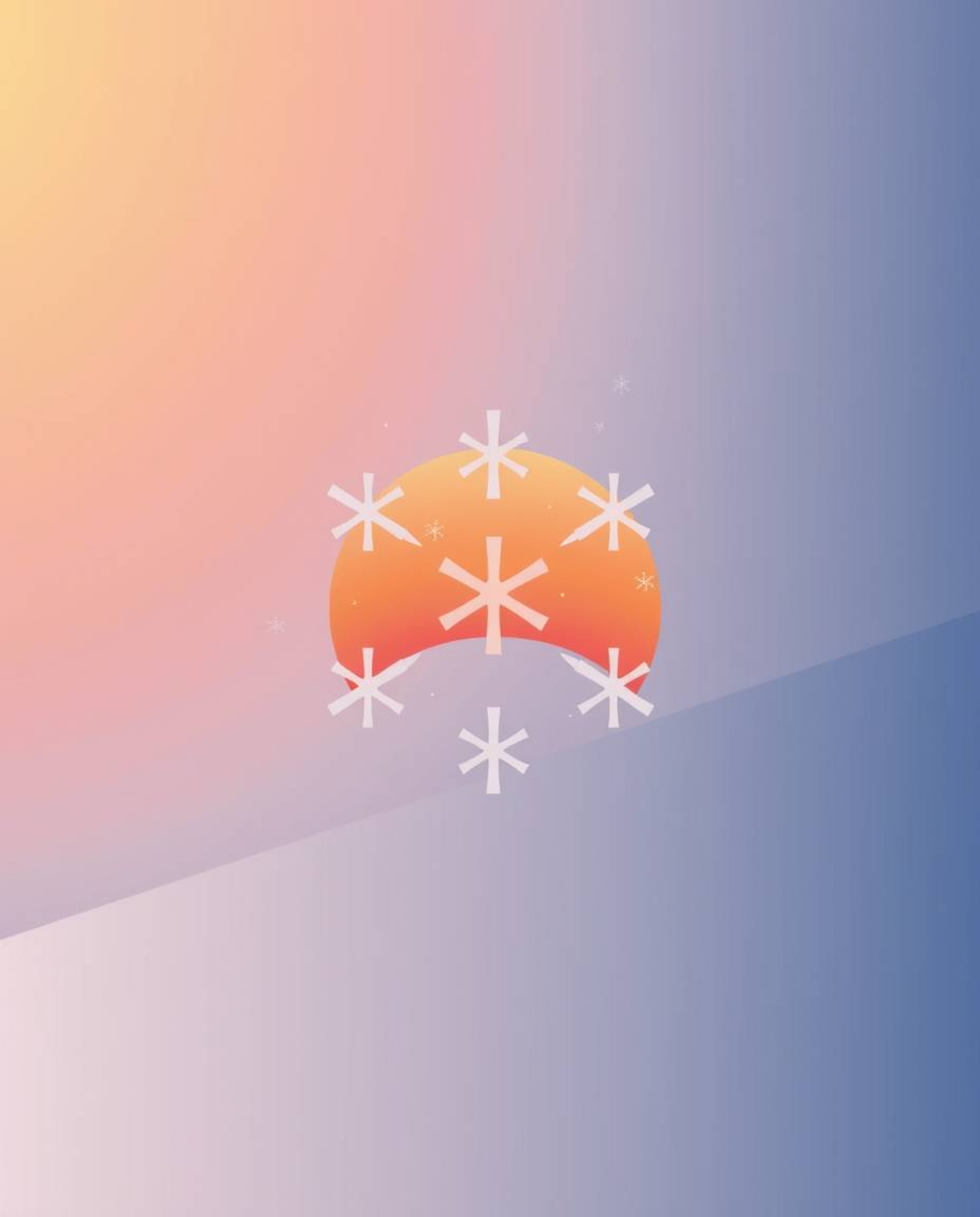 This image captures a warm overhead bird’s eye view of snowflakes falling during a vibrant sunset. The top-down perspective r