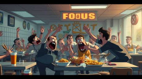 This is a high-resolution stock photo depicting a wild and chaotic food fight in a cartoon cafeteria.  The image is rendered 