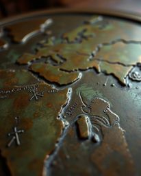 This captivating image features a close-up of a cast bronze surface, revealing a luminous map projected in an antique study. 