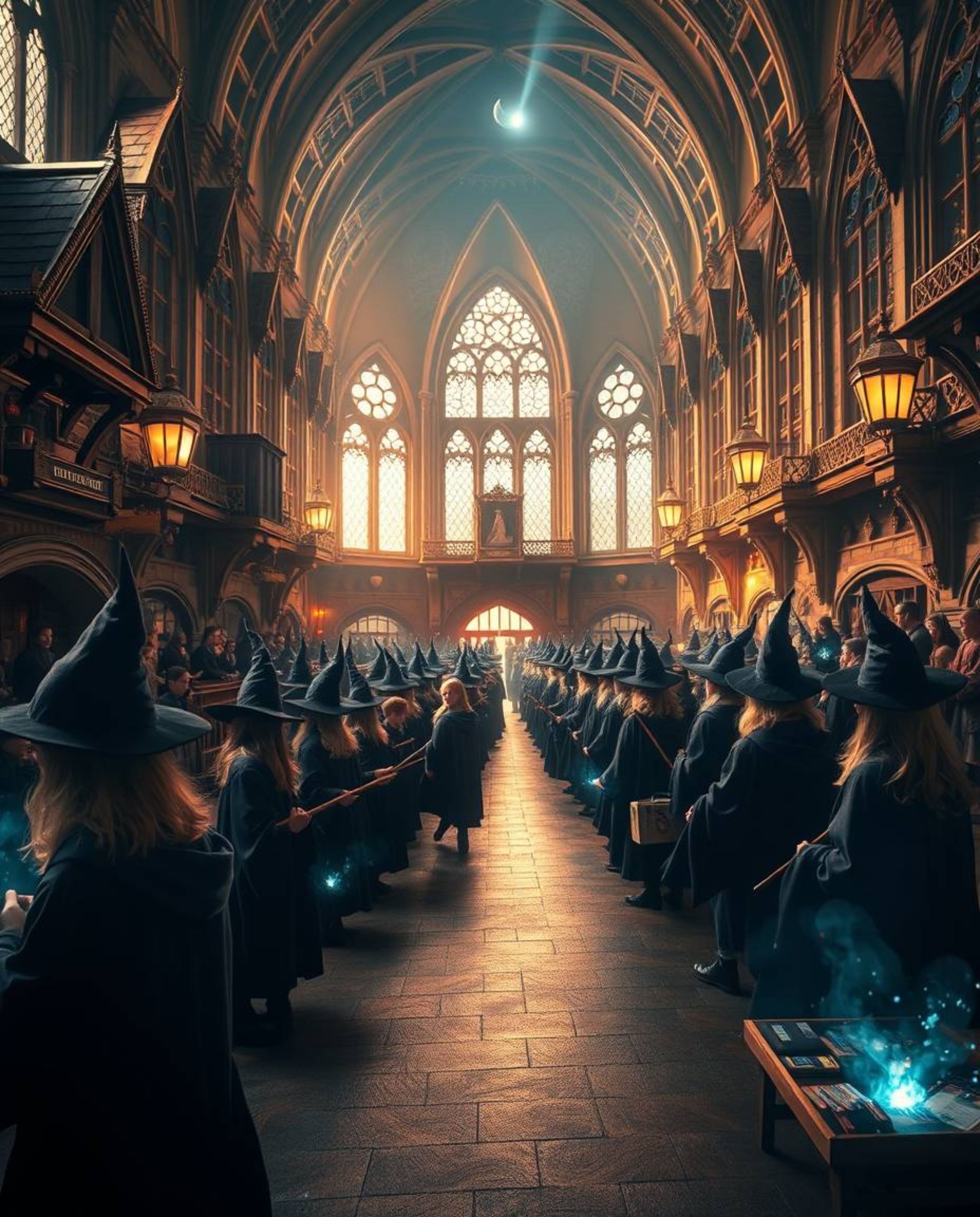 A high-resolution stock photo captures a grand and epic scene within a magical school brimming with young wizards. The image 