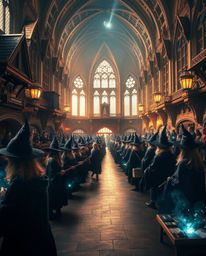 A high-resolution stock photo captures a grand and epic scene within a magical school brimming with young wizards. The image 