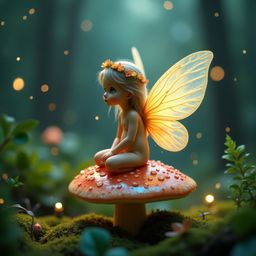 In the heart of an enchanted forest, a delicate fairy, with an ethereal complexion and adorned with shimmering flowers, sits 