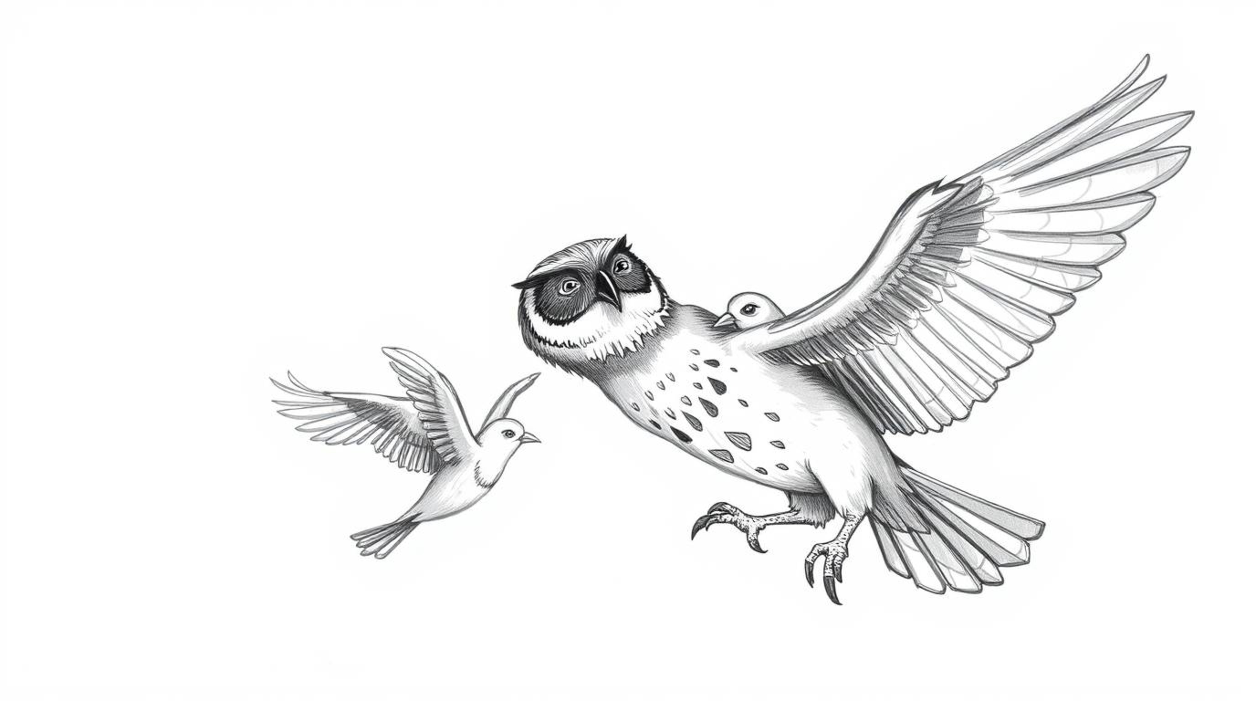 A heartwarming Pixar-style hand-drawn sketch depicts a blind owl, its textured pencil strokes conveying a sense of touch and 
