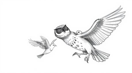A heartwarming Pixar-style hand-drawn sketch depicts a blind owl, its textured pencil strokes conveying a sense of touch and 