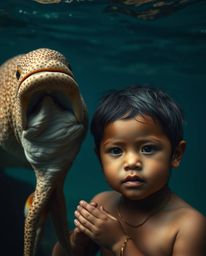 A professional, fine art photograph capturing the enchanting moment of a sea creature befriending a human child. The image, r